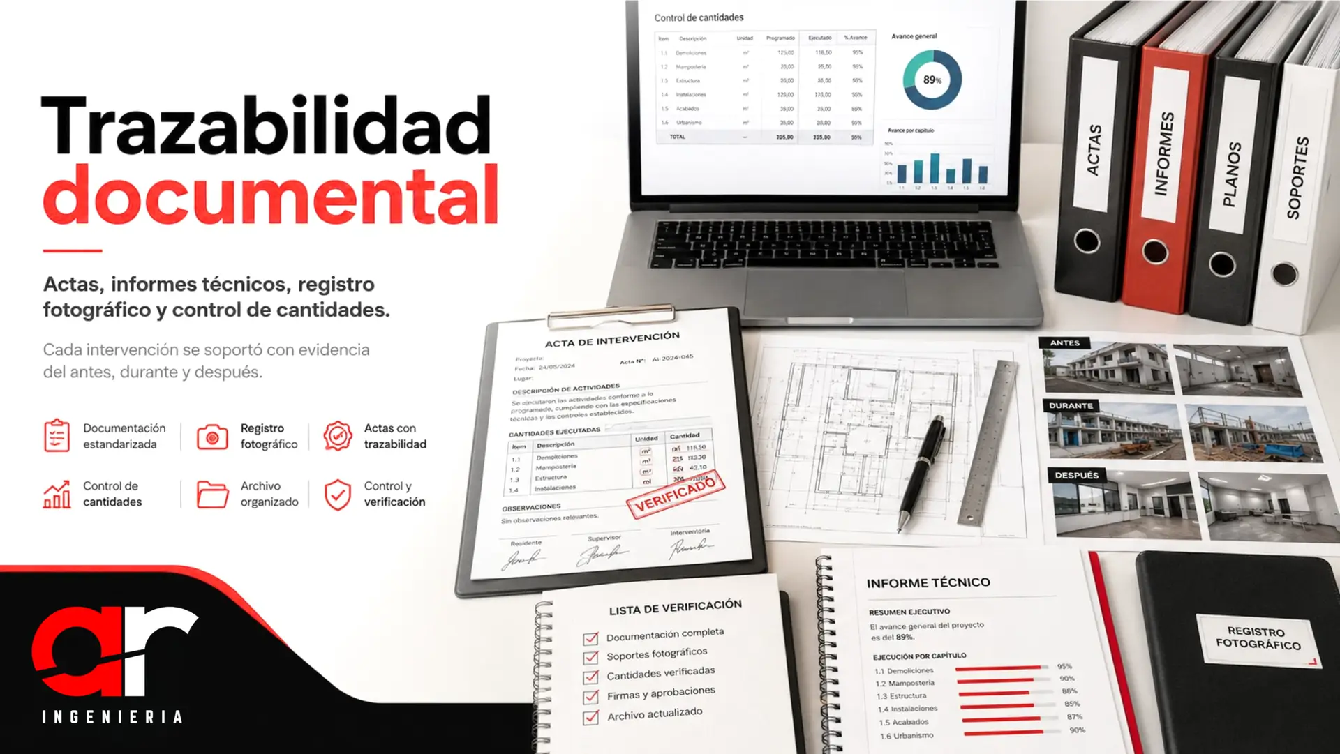 Control documental con actas, informes técnicos, planos y registros fotográficos