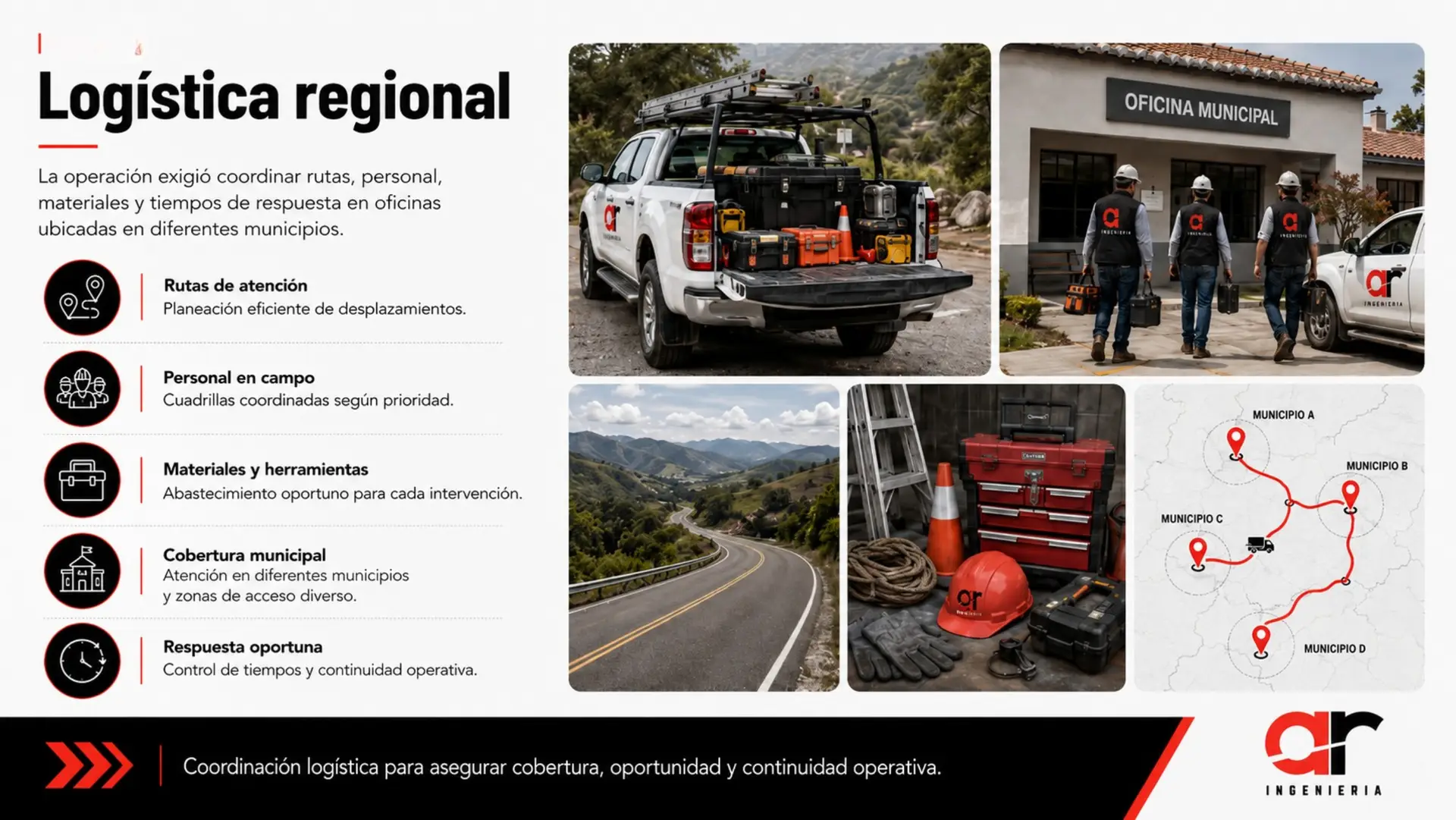 Gestión logística regional con vehículo, cuadrilla, herramientas y rutas de atención